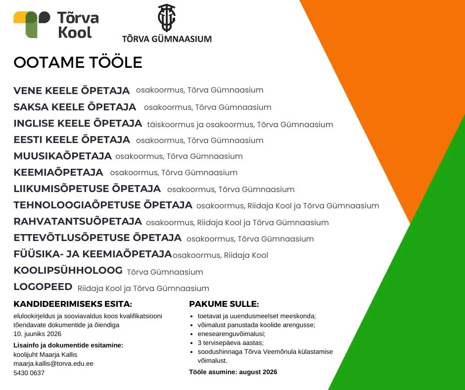 Tõrva Gümnaasium otsib õpetajaid